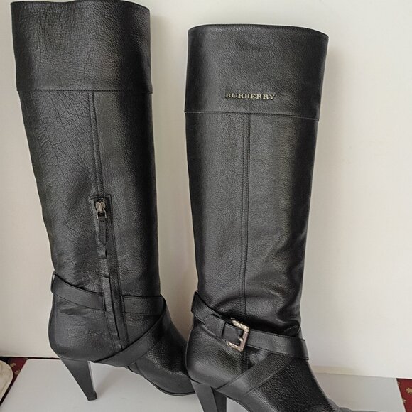 Burberry Knee High Heel Black Leather Boots 39  US 8.5 - Picture 1 of 8